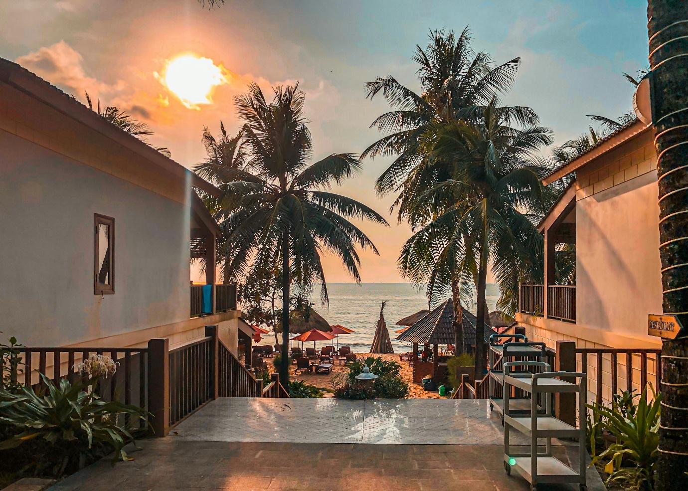 A walkway leading to a beach with palm trees AI-generated content may be incorrect.