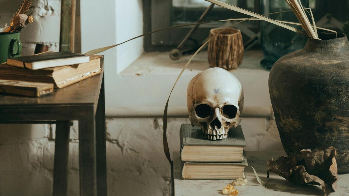 skull and books for spooky date night home decor