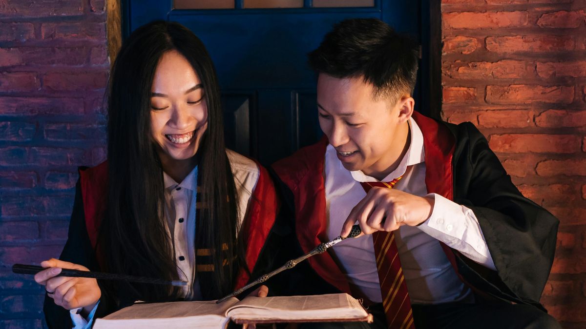asian couple dressed up for spooky date night