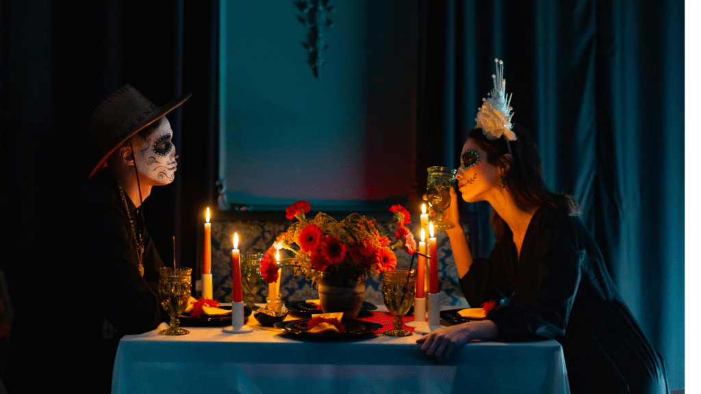 couple in costume celebrating spooky Halloween date night at home Singapore