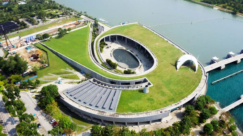 Aerial view of the green roof at Marina Barrage, a cheap date idea in Singapore for kite flying