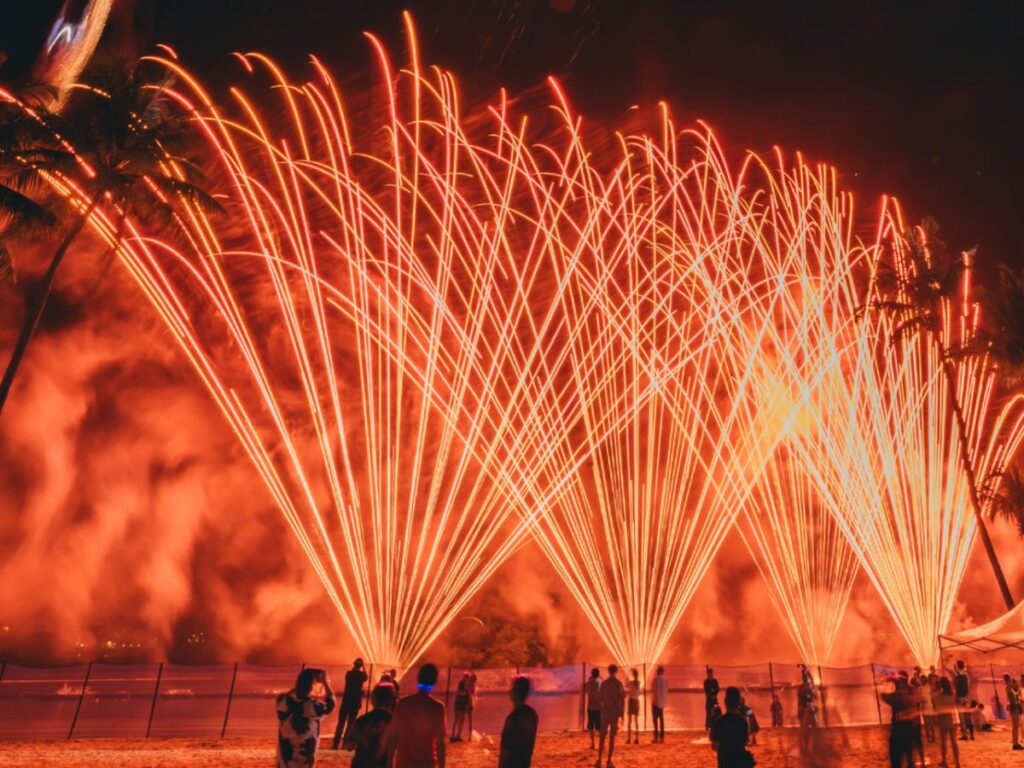 NYE countdown Sentosa with drone and fireworks show.
