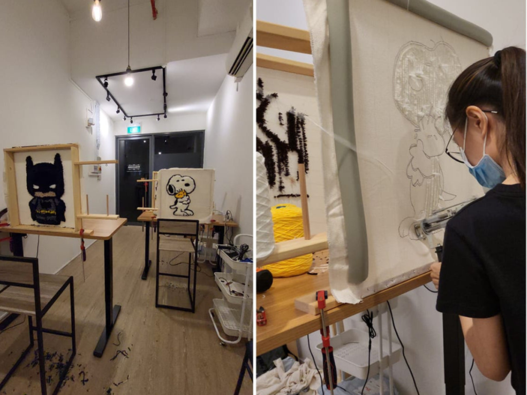 Hueplay Studio workshops in Singapore for couples rug tufting craft date
