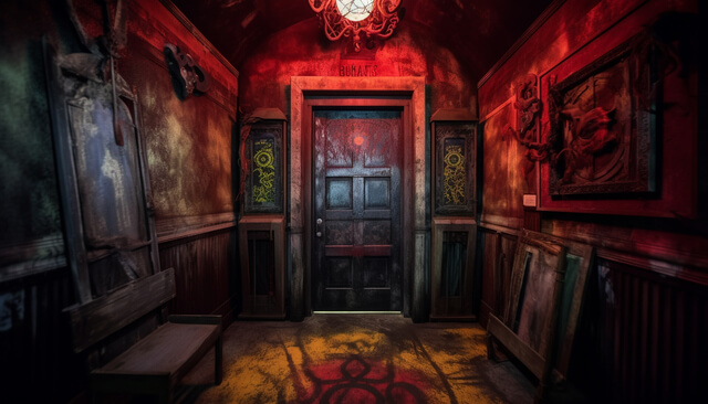 Red-lit horror escape room corridor, a Halloween double date idea in Singapore