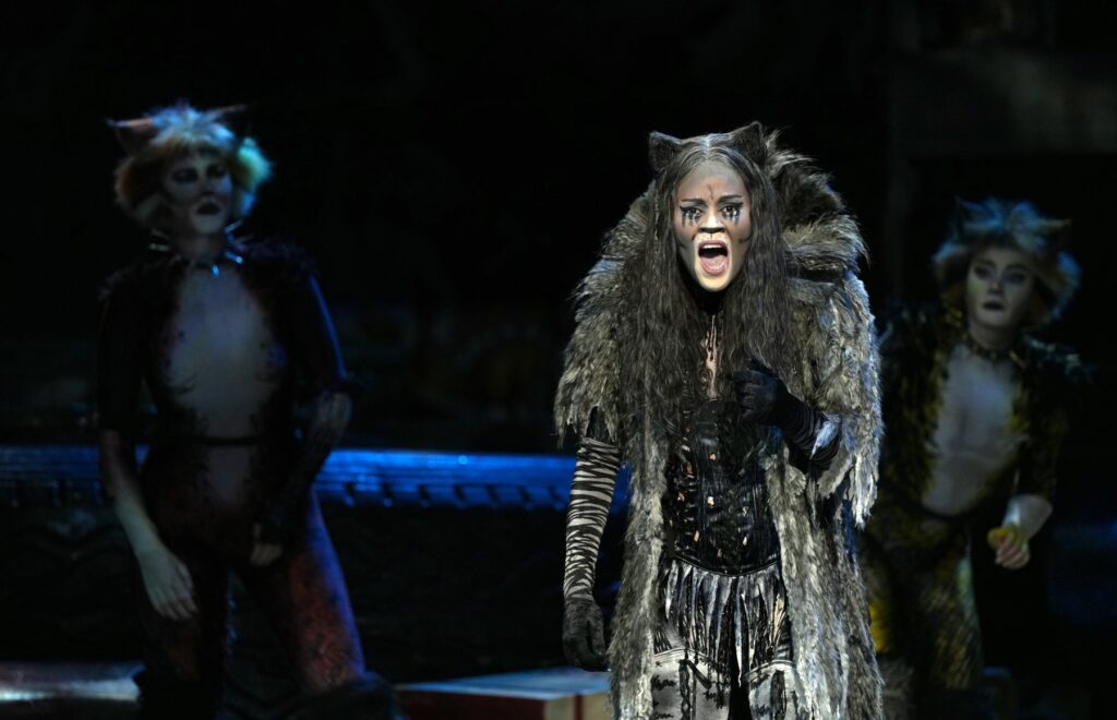 Grizabella in her tattered fur coat singing in Cats the Musical