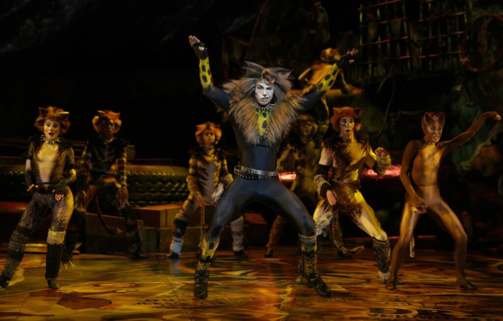 Rum Tum Tugger striking a pose in the centre of the Jellicle Cats in Cats the Musical