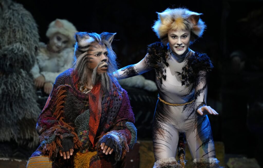 Gus the Theatre Cat in a patchwork coat beside a younger cat in Cats the Musical