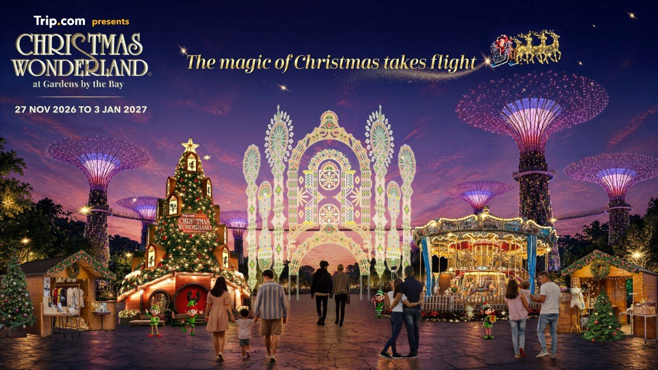 Christmas Wonderland 2026 at Gardens by the Bay, with light sculptures, a Christmas tree and a carousel among the Supertrees