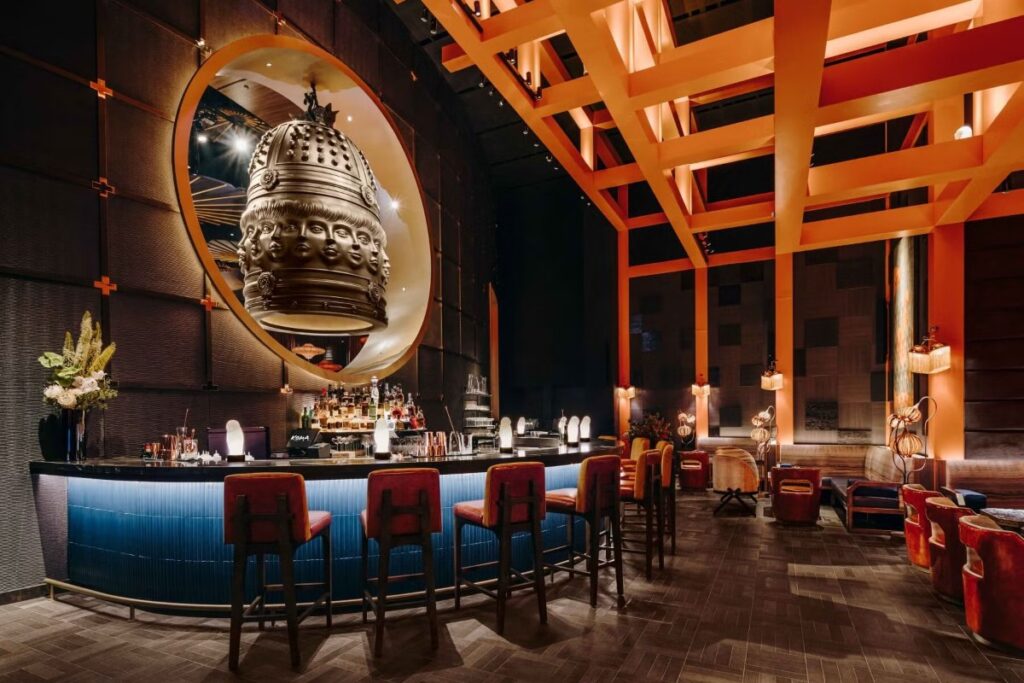 The bar and Japanese bell at KOMA Singapore, Marina Bay Sands