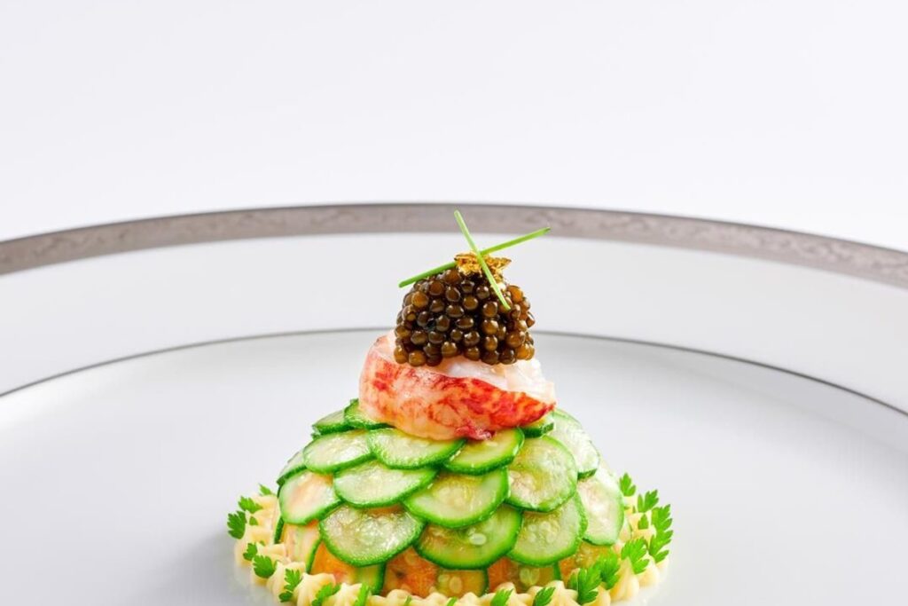 Caviar and cucumber dish at Les Amis