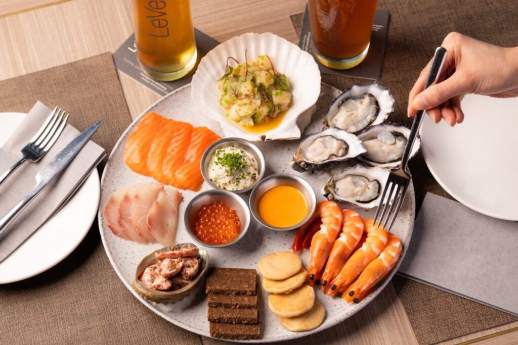 Seafood platter with house-brewed beer at LeVeL33