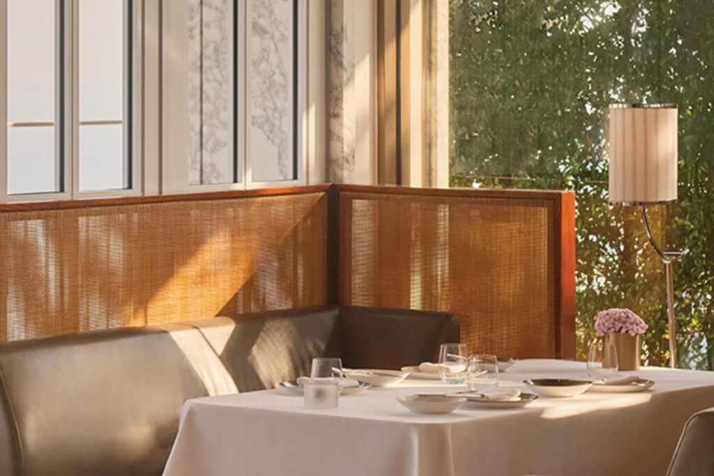 The garden-facing dining room at Spago Dining Room, Marina Bay Sands