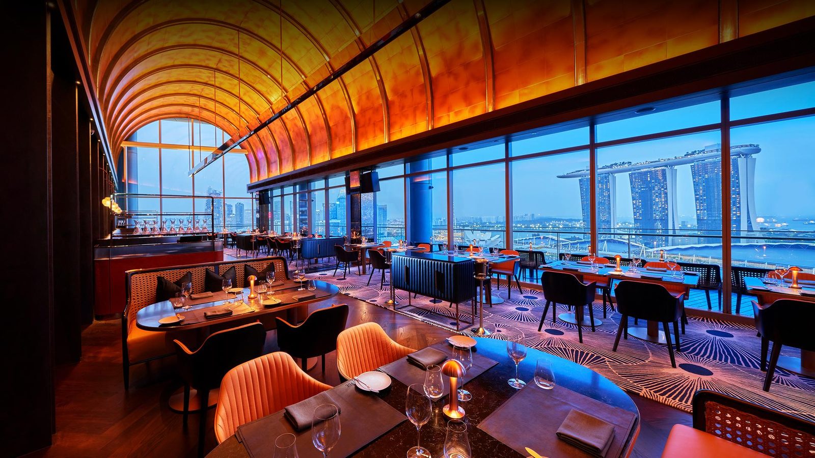 VUE dining room with views of Marina Bay Sands at dusk, a romantic restaurant in Singapore