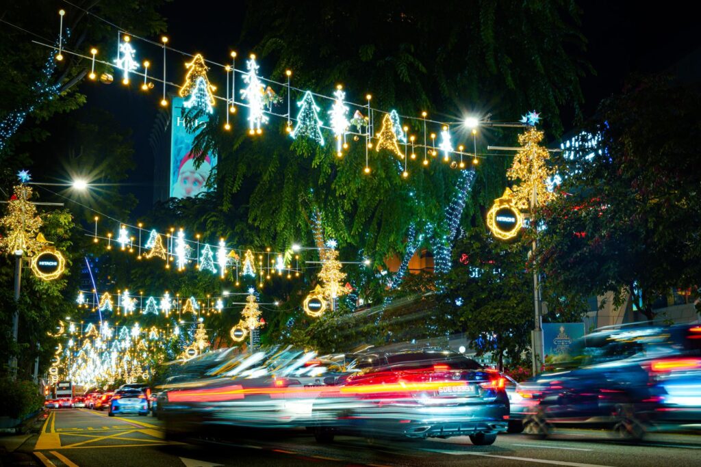 Festive light canopy strung over an Orchard Road street at Christmas