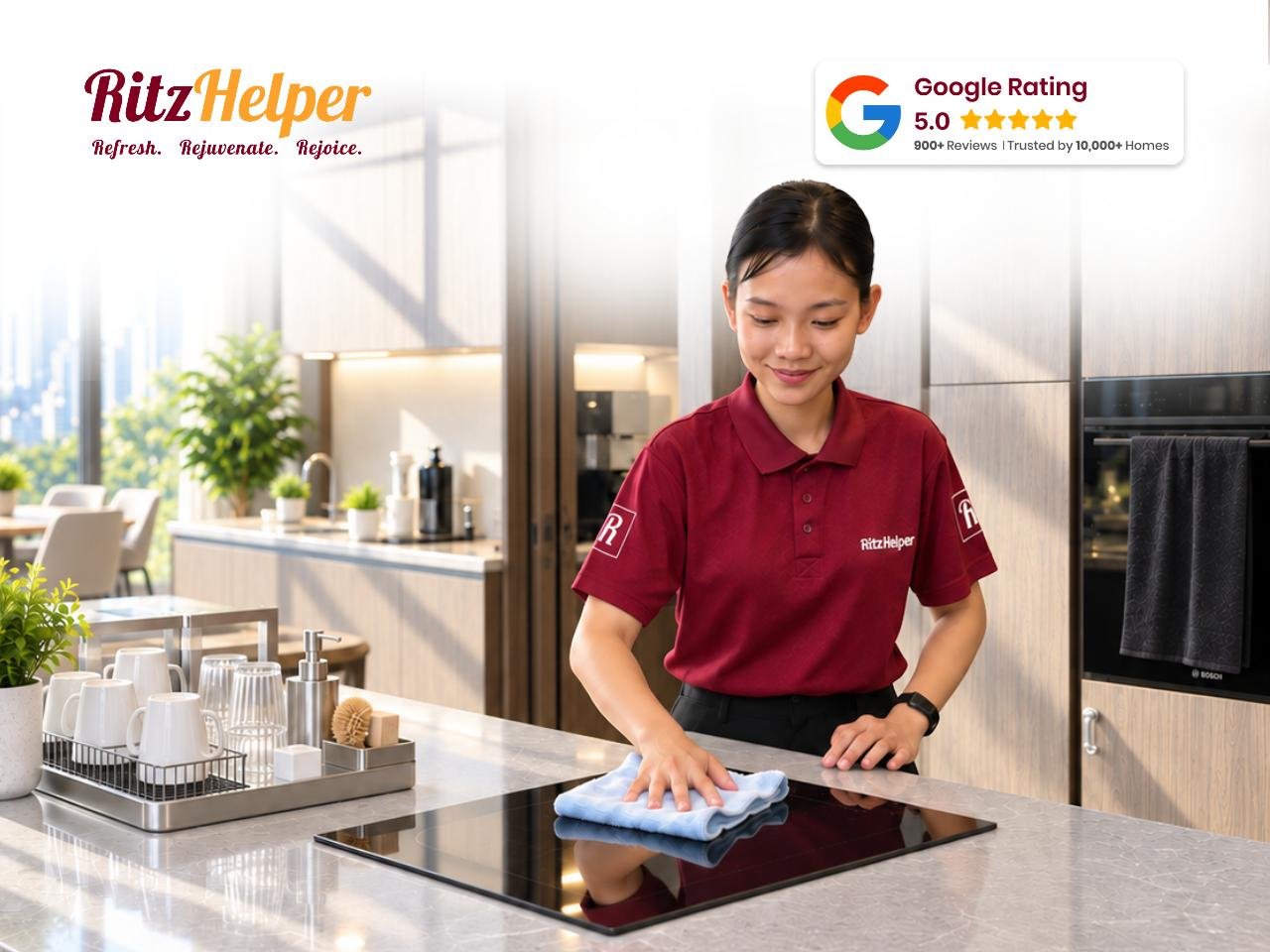 RitzHelper cleaner wiping down a kitchen counter in a Singapore home