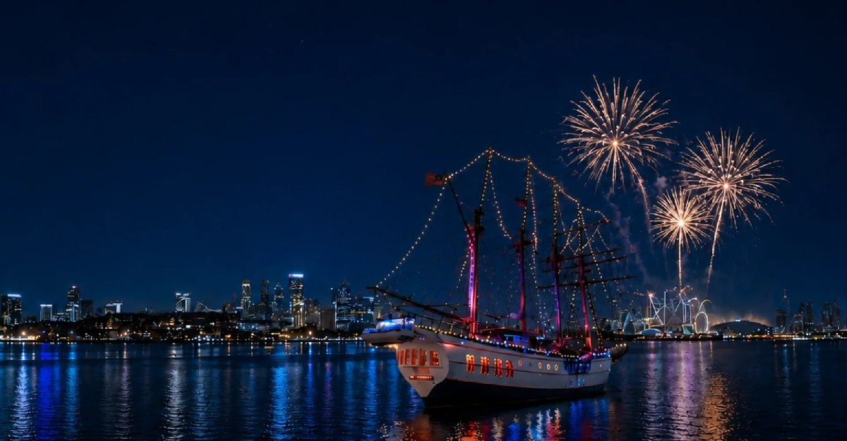 Royal Albatross tall ship sailing off Sentosa at night