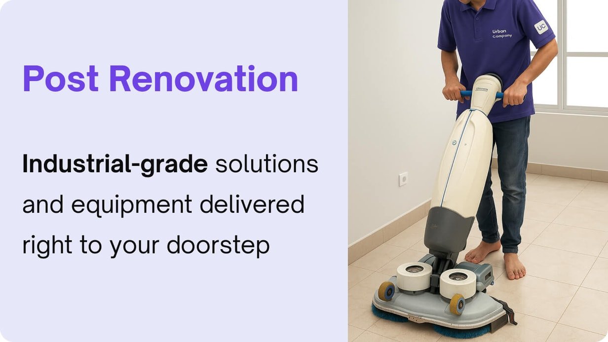 Urban Company cleaner using a floor scrubbing machine after renovation