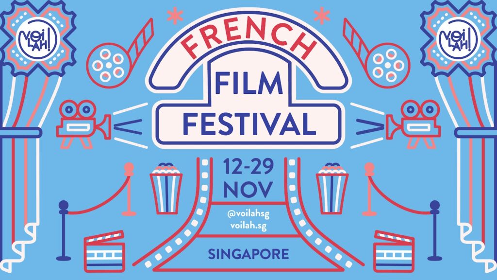 vOilah! French Film Festival 2026 key visual with popcorn, film reels and a red carpet, 12 to 29 November in Singapore