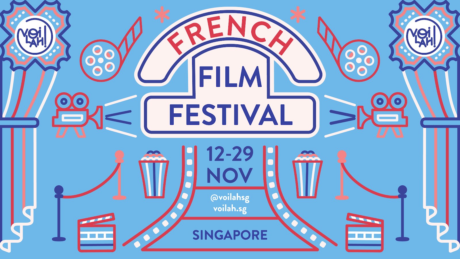 vOilah! French Film Festival 2026 key visual with popcorn, film reels and a red carpet, 12 to 29 November in Singapore